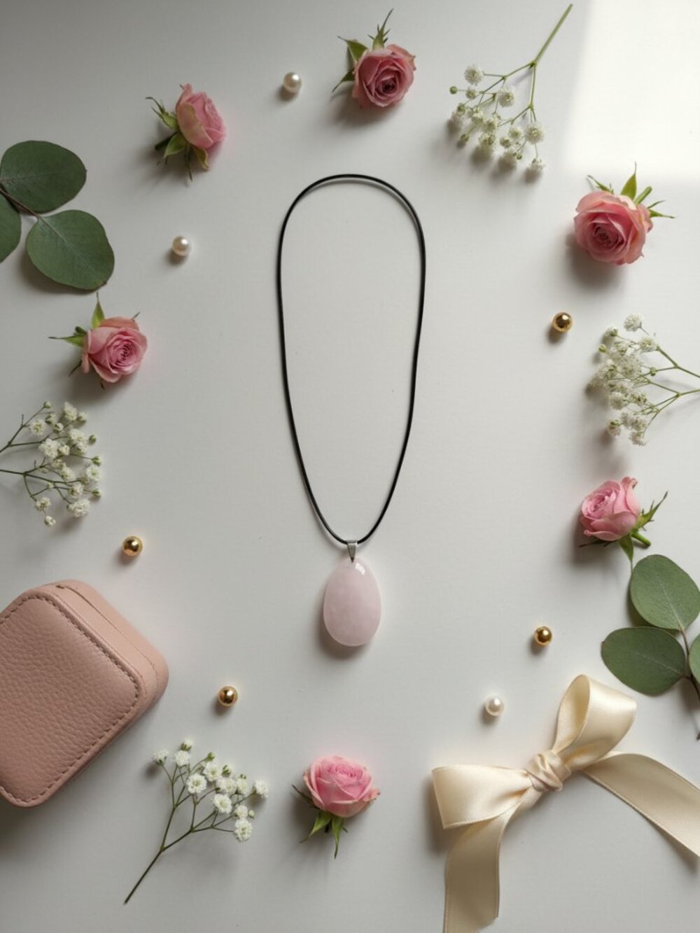 Rose Quartz Teardrop Necklace – Natural Crystal Pendant – Waxed Leather Cord